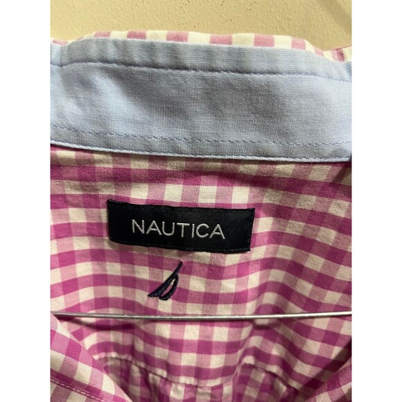 NAUTICA Classic Button Up Shirt Men's 16.5 34/35 Long Sleeve Pink and White - Picture 6 of 7